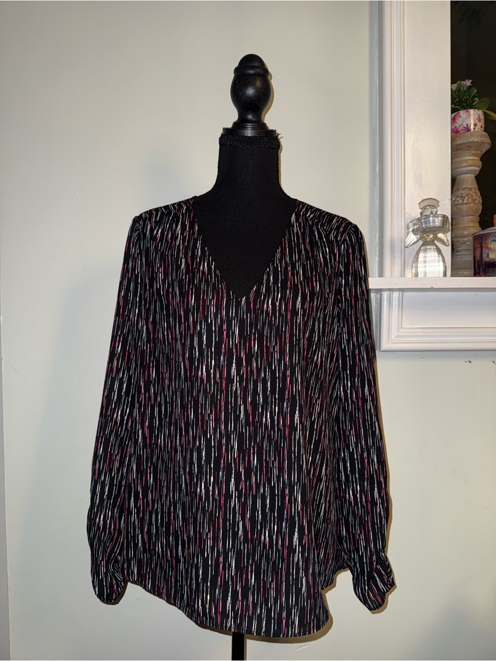Women's Black V-Neck Long-Sleeve Blouse with Pink and White Stripe Print